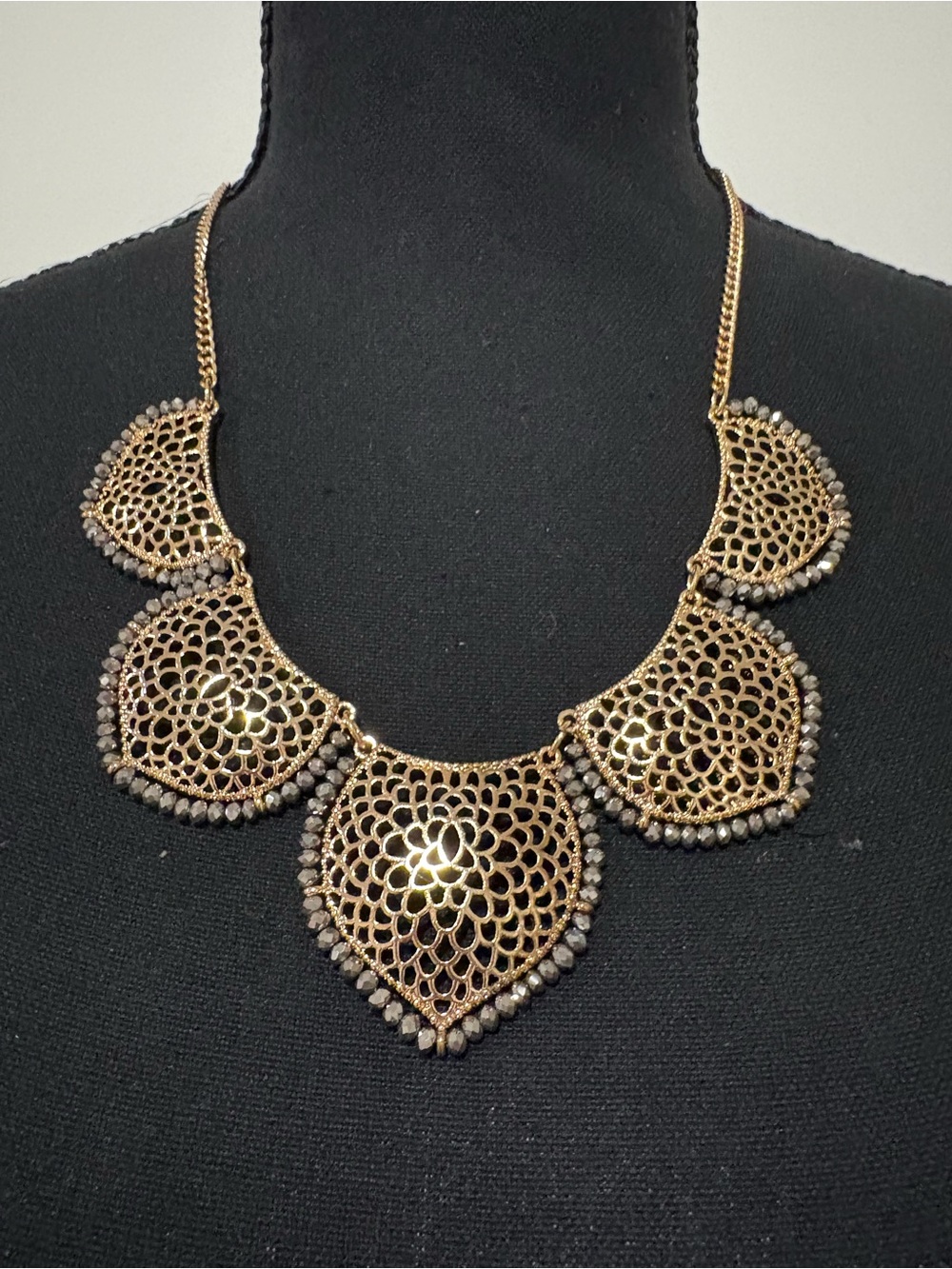 Chico's Gold Filigree Statement Necklace with Gray Bead Trim